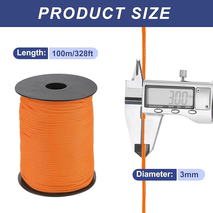 MECCANIXITY 1/8 Inch Polypropylene Rope Braided Ropes, 328ft Nylon Rope Hollow Utility Cord for