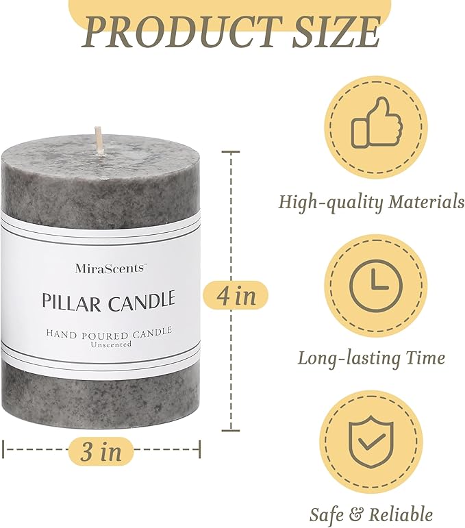 3x4 inch Grey Pillar Candles Set of 3, Unscented Pillar Candles, Dripless and Smokeless Large