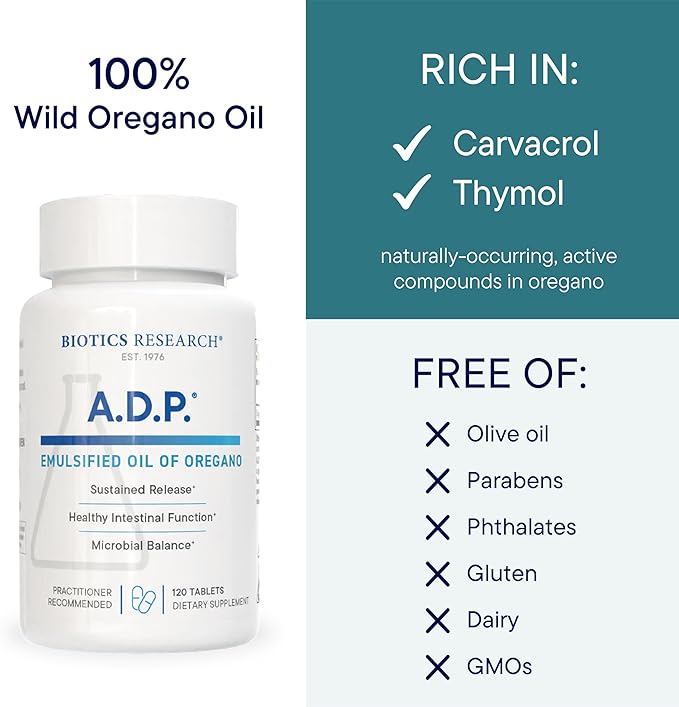 Biotics Research A.D.P. Emulsified Oil of Oregano Tablets for GI Health -Sustained Release for High