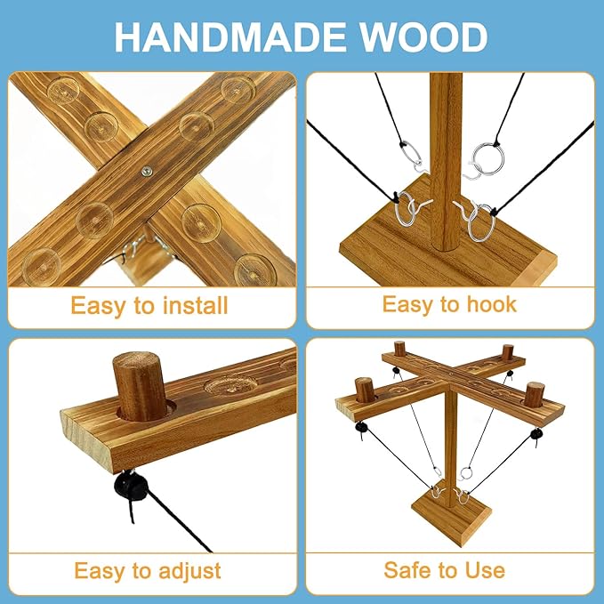 Hook Toss Game, Ring Toss Game, Handmade Wooden Ladder, Throwing Hook and Ring Battle Game for