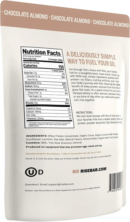 Rise Grass-Fed Whey Protein Powder - Chocolate Almond | 25g Protein No Artificial Flavors, Colors