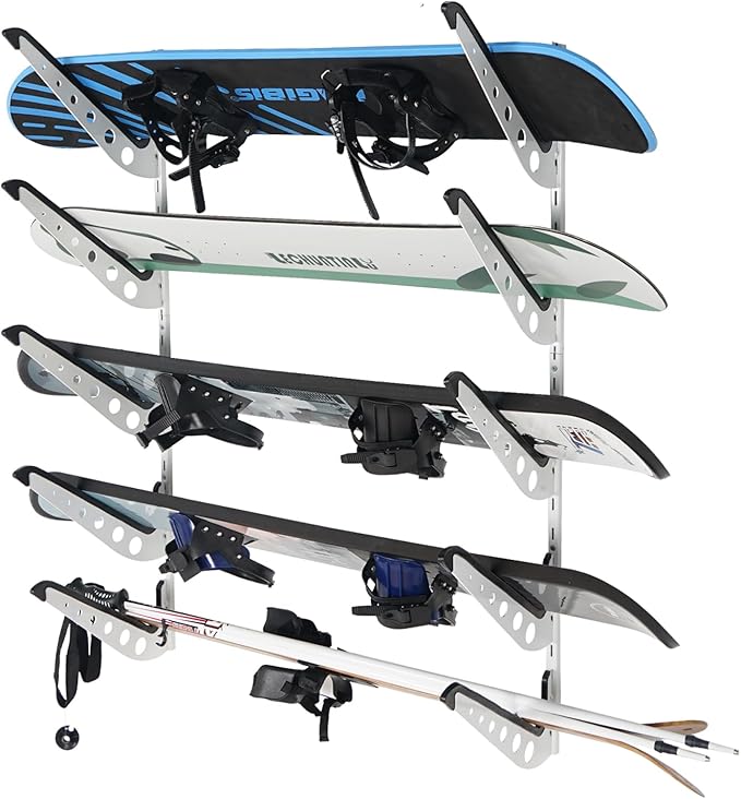 5 Board Snowboard Wall Racks, Adjustable Storage Rack for Ski, Surfboard, Wakeboard, Snowboard Wall