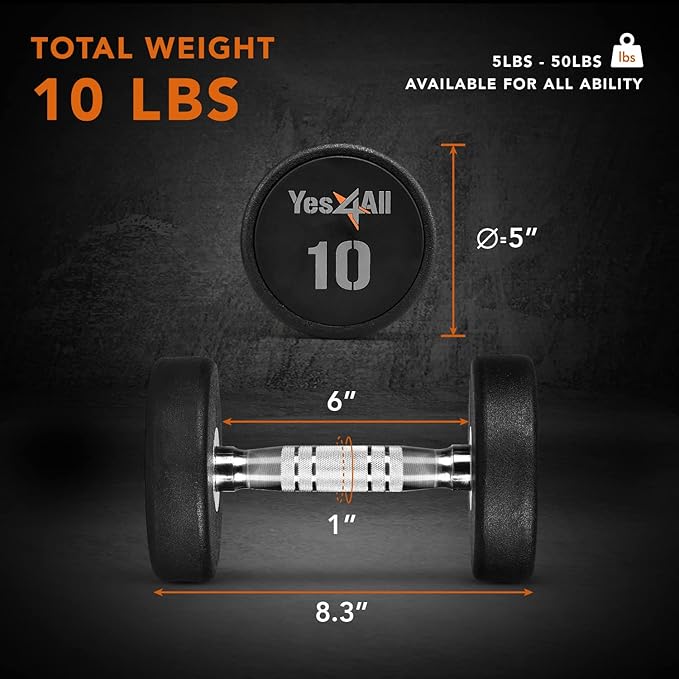 Yes4All Urethane Dumbbell with Anti-Slip Knurled Handle 5-50 LB for Muscle Building - Sold