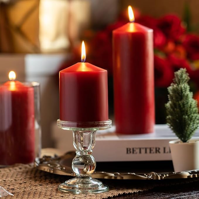 MOZEAL 3" x 6" Hand-Poured Unscented Dark Red Pillar Candles,Dripless Candles Set of 3,Long Lasting