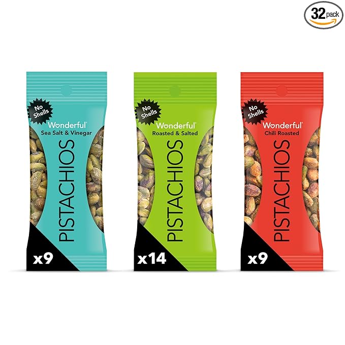 Wonderful Pistachios No Shells, 3 Flavors Mixed Variety Pack of 32 (0.75 Ounce), Roasted & Salted