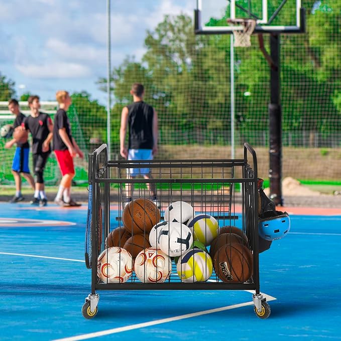 MyGift Large Capacity Metal Rolling Multi Sports Ball Cage Storage Hopper, Gym Equipment Basket