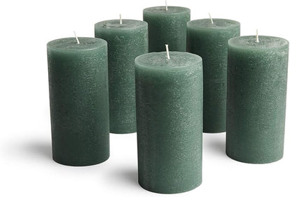 Mottled Pillar Candles by Bask - Set of 6-3" x 6" Dripless Unscented Candles in Dark Green for Home