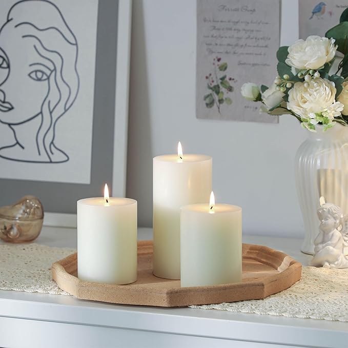 3x6 Inch White Pillar Candles Set of 3 - Decorative Unscented Pillar Candle, Long Burning Dripless