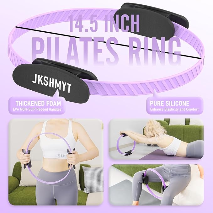 JKSHMYT Silicone Pilates Ring-14.5" Home Pilates kit with Padded Handles, Mini Ball, Resistance