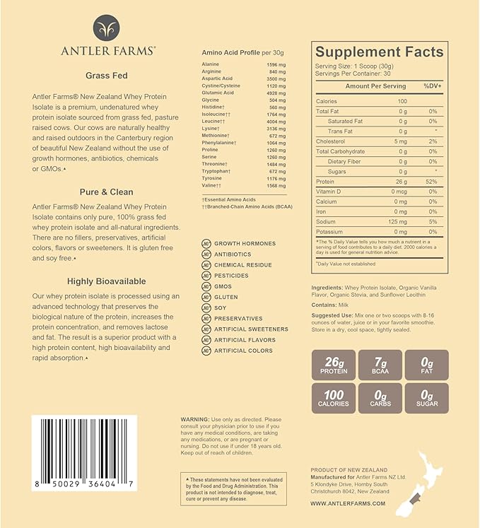 Antler Farms - 100% Grass Fed New Zealand Whey Protein Isolate, Vanilla Flavor, 2 lbs - Pure and