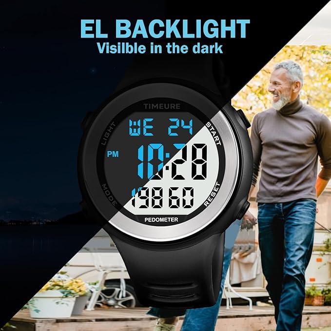 Mens Pedometer Watch for Walking Step Counter Watch No Charging, No App Connection, with EL