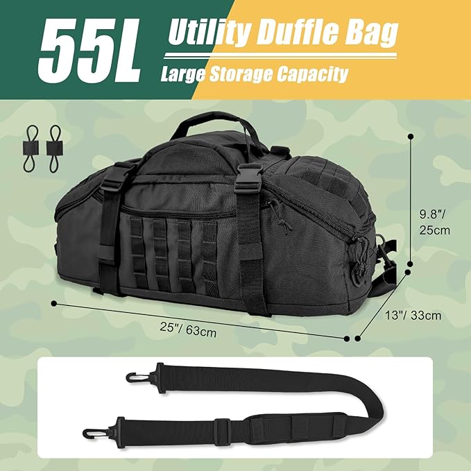 55L Large Travel Gym Duffle Bag Military Tactical Backpack, Army Pack 3 Day Bug Out Bag Rucksack