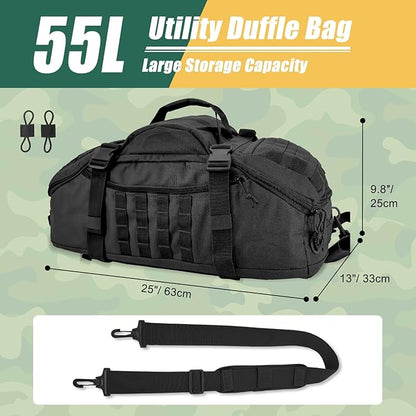 55L Large Travel Gym Duffle Bag Military Tactical Backpack, Army Pack 3 Day Bug Out Bag Rucksack