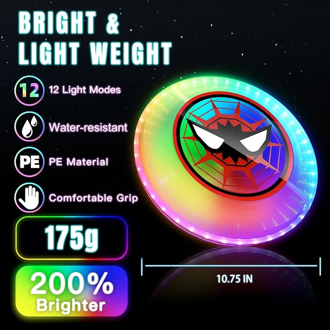 LED Flying Disc with Millions of Colors, 42 LEDs, 175g, 12 Lighting Modes, Rechargeable &