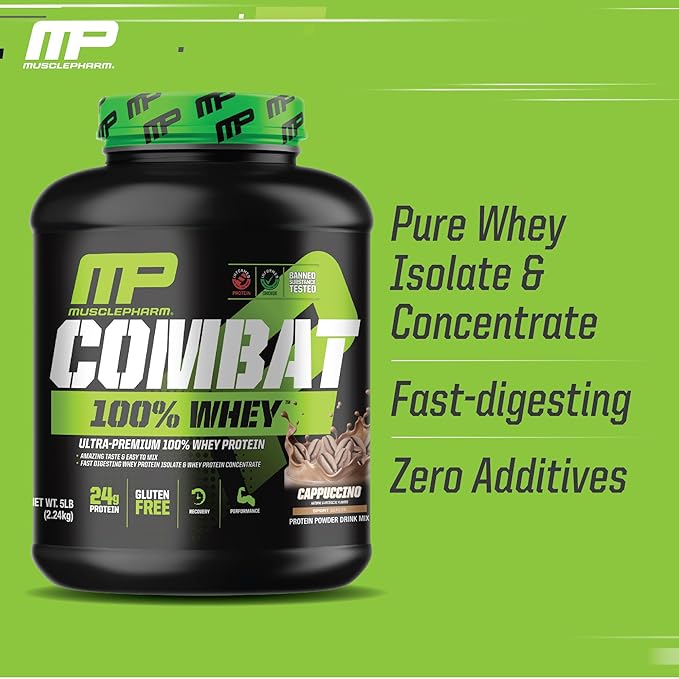 MusclePharm Combat 100% Whey Protein Powder, Cappuccino Flavor, Fast Recovery & Muscle Gain with
