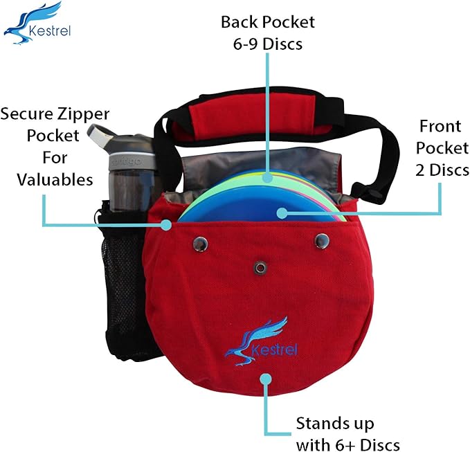 Kestrel Black Disc Golf Bag - Fits 6-10 Golf Discs + Bottle - For Beginner & Advanced Golfers