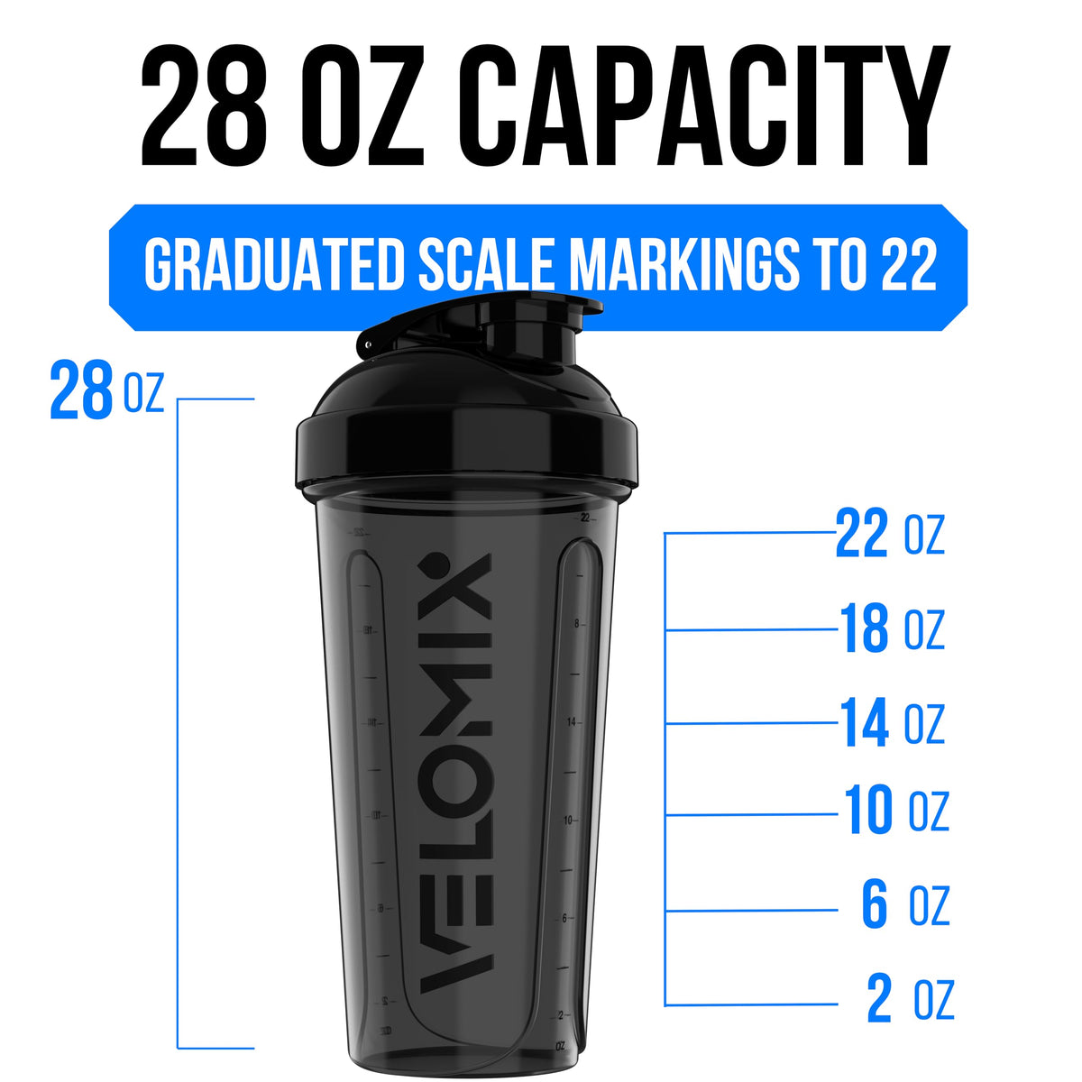 VELOMIX 2 Pack 28oz Protein Shaker Bottle for Protein Mixes, Black/Transpar