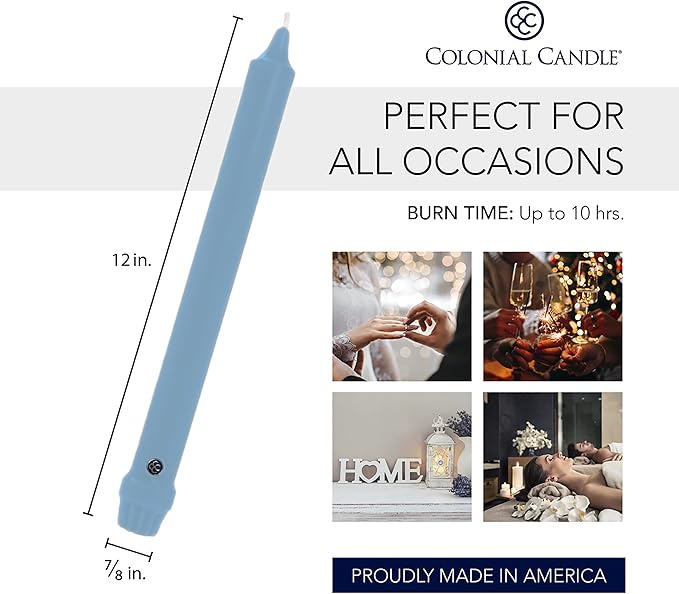 Colonial Candle Unscented Taper Candle, Classic Collection, Coastal Blue, 12 in, Pack of 12 - Up to