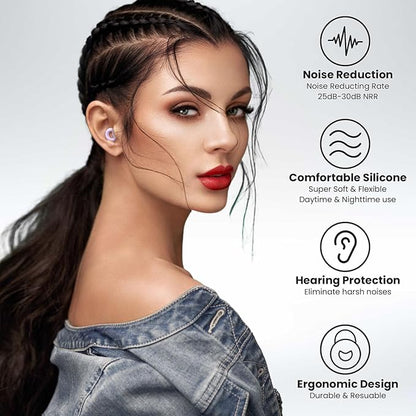 Ear Plugs for Sleeping, 2 Pairs of Reusable Earplugs for Noise Reduction 25dB-30dB with 8 Ear Tips