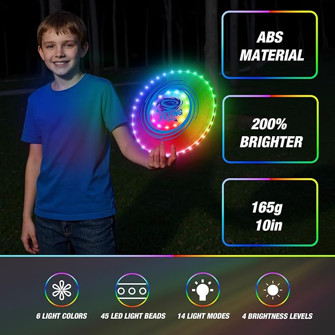 2 Pack Light up Flying Discs for Kids, 45 LEDs, 14 Lighting Modes, Rechargeable Glow in The Dark