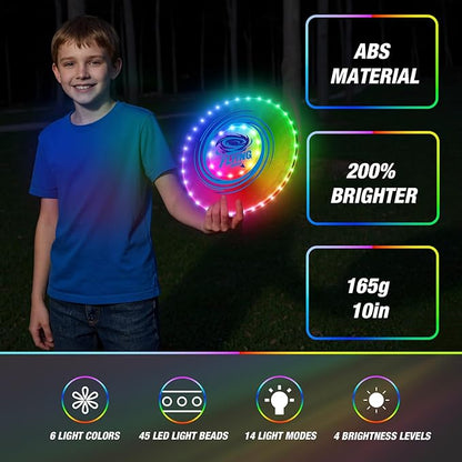 2 Pack Light up Flying Discs for Kids, 45 LEDs, 14 Lighting Modes, Rechargeable Glow in The Dark