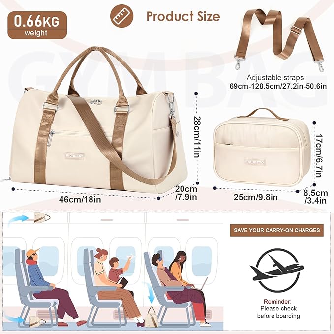 FIORETTO Womens Gym Tote Duffle Bag with Toiletry Bag, Sports Duffel Overnight Hospital Workout