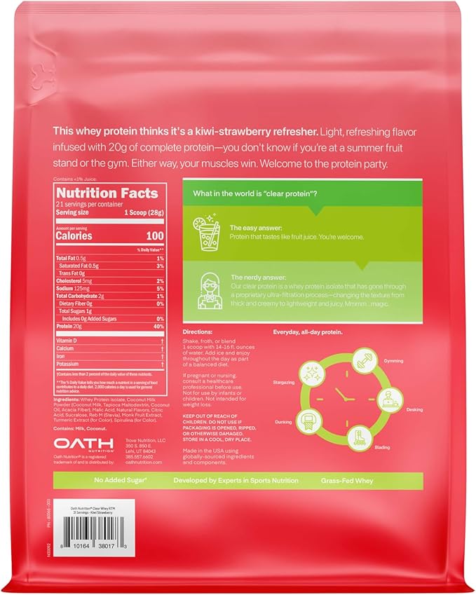 Clear Whey Isolate Protein Powder, Kiwi Strawberry, 20g Complete Protein per Serving, No Added