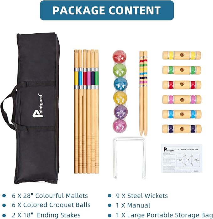 Pointyard Six Player Croquet Set, 28’’ Croquet Set with Wooden Mallets/Colored Ball/Wickets/Stakes