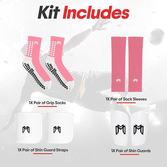 Soccer Grip Socks, Shin Guards, Pre Cut Sock Sleeves, and Guard Straps Bundle Pack - Essential