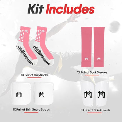 Soccer Grip Socks, Shin Guards, Pre Cut Sock Sleeves, and Guard Straps Bundle Pack - Essential