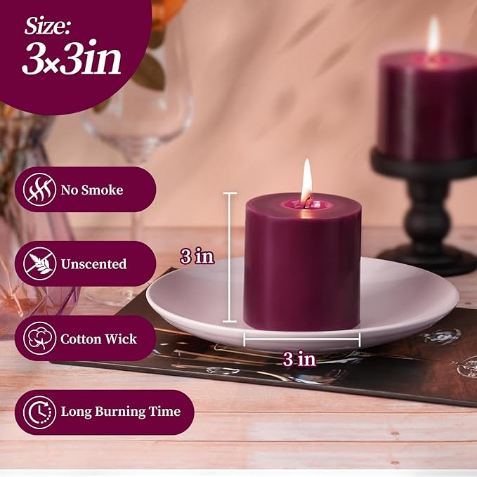 KONNI Purple Pillar Candles Set of 3, 3"x 3" Unscented Pillar Candles Bulk, 30 Hours Long Burning