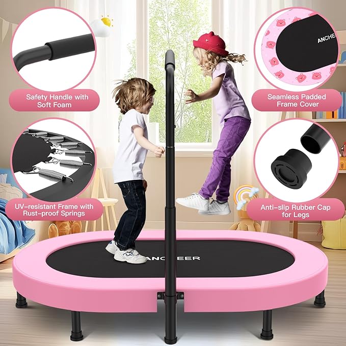 ANCHEER 56" Double Mini Trampoline for Kids, Mini Rebounder with 5-Level Adjustable Handle