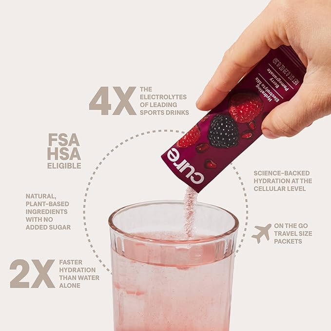 Cure Hydration | Plant-Based Electrolyte Drink Mix | No Added Sugar | FSA-HSA | Dehydration Relief