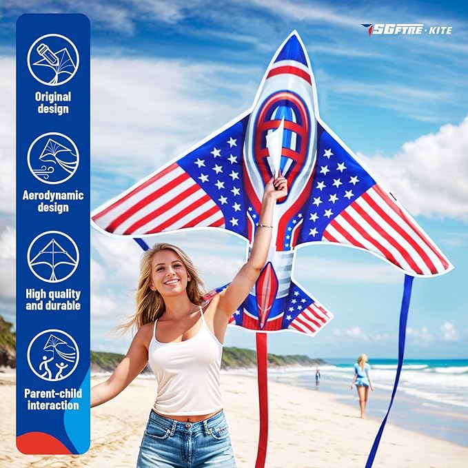 Flag Airplane Kite Easy to Fly Kids Kites for Ages 3-5, Huge Size Durable Beach Kite for Family