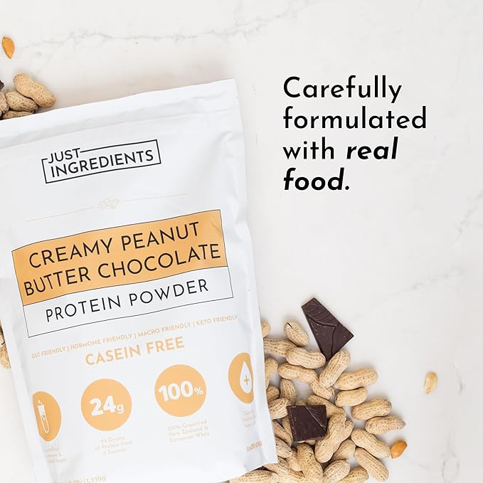 JUST INGREDIENTS Creamy Peanut Butter Chocolate Protein Powder ??30-ServingBlend with Grass-Fed