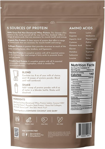JUST INGREDIENTS Protein Powder | 15 Servings | 24g Protein | Chocolate Flavor Made with 100%