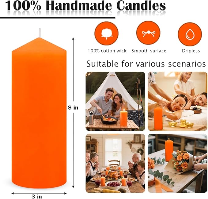 Set of 2 3x8 Inch Orange Pillar Candles, Dripless Unscented Solid Fall Colored Cylinder Column Tall