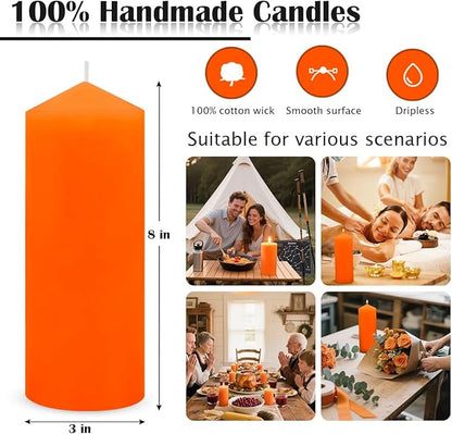 Set of 2 3x8 Inch Orange Pillar Candles, Dripless Unscented Solid Fall Colored Cylinder Column Tall