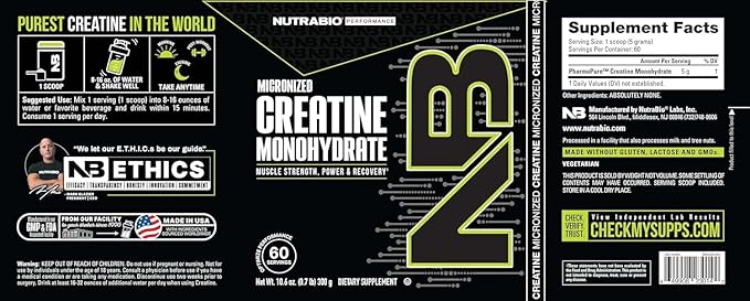 NutraBio Pure Micronized Creatine Monohydrate Powder Supplement, Unflavored, (300 g) - Supports