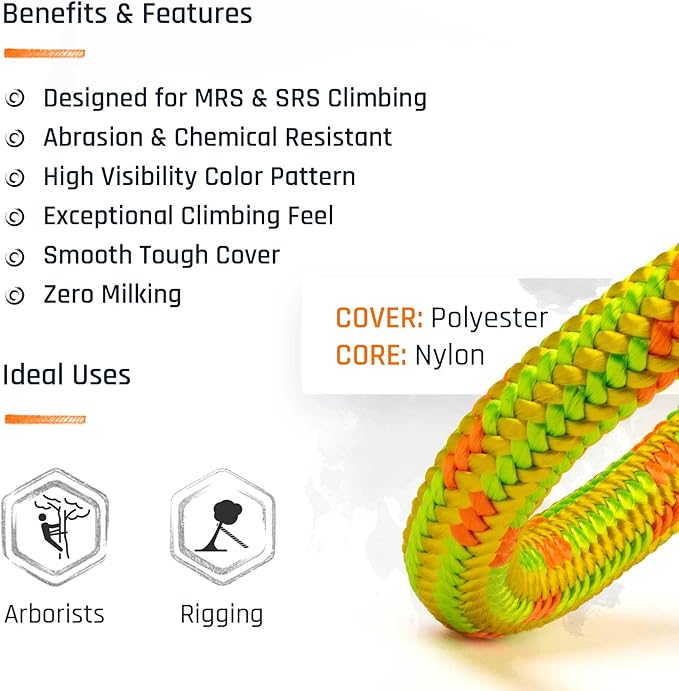 Pelican Rope Arborist Rope 11.8mm x 150Ft, USA Made High-Strength 24-Strands Static Climbing Rope