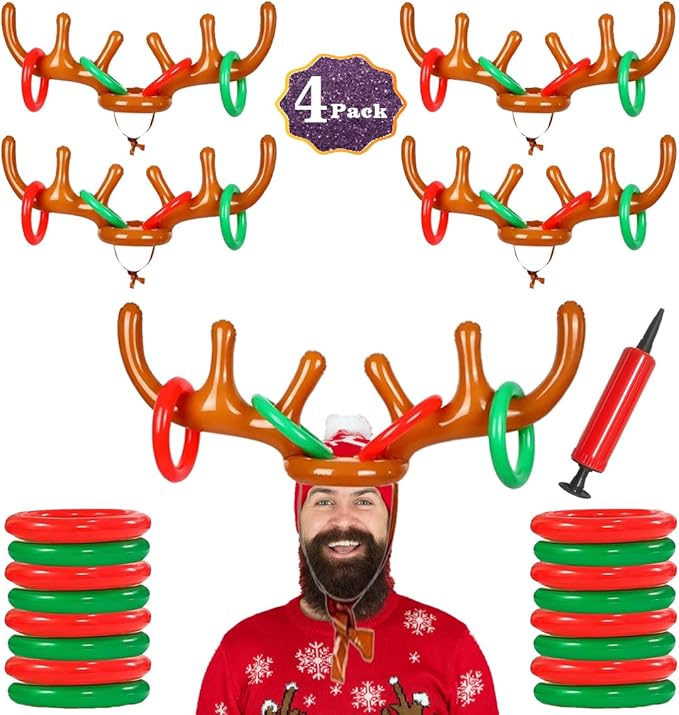 4 Pack Inflatable Reindeer Antler Ring Toss Game (4 Antlers 16 Rings) Reindeer Antler Hat Ring Toss