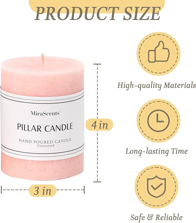 3x4 inch Pink Pillar Candles Set of 3, Unscented Pillar Candle, Dripless and Smokeless Large