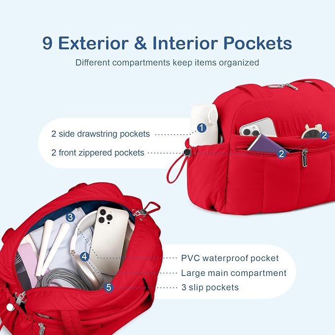 TOPDesign Travel Duffel Bag for Women, Puffer Gym Bag Sports Tote with Wet Pocket, Carry On