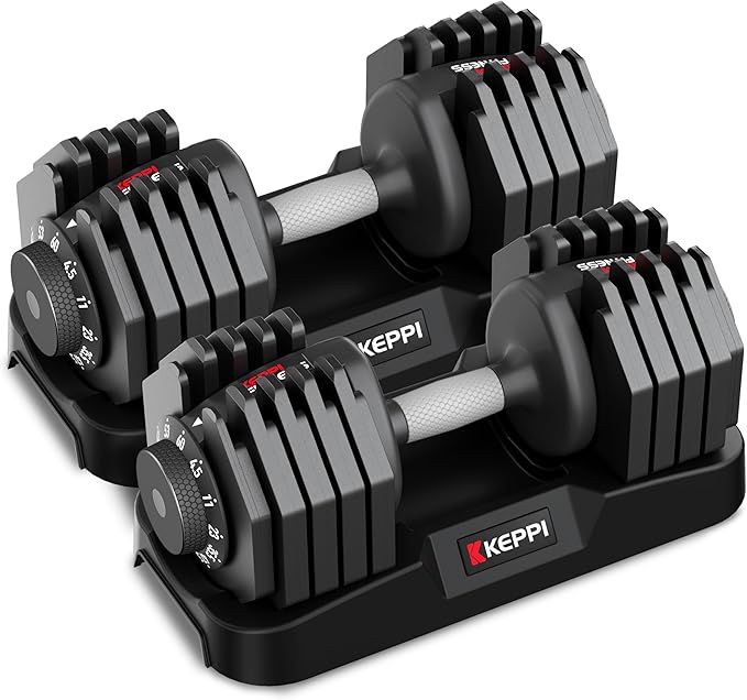 Keppi Adjustable Dumbbells Set-25lb/40lb/55lb/60lb, Anti-Slip Metal Fast Adjust Weight Handle