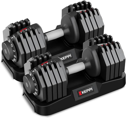 Keppi Adjustable Dumbbells Set-25lb/40lb/55lb/60lb, Anti-Slip Metal Fast Adjust Weight Handle