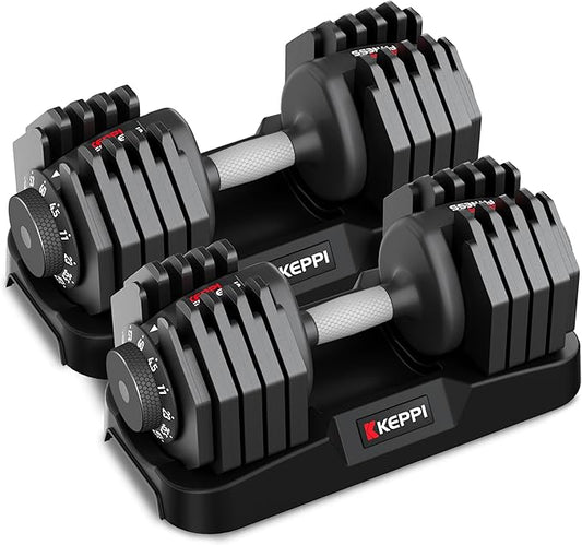 Keppi Adjustable Dumbbells Set-25lb/40lb/55lb/60lb, Anti-Slip Metal Fast Adjust Weight Handle