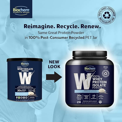 Biochem Whey Protein Isolate Powder - Vanilla Flavor, 20 Grams per Serving, Sourced from Grass Fed