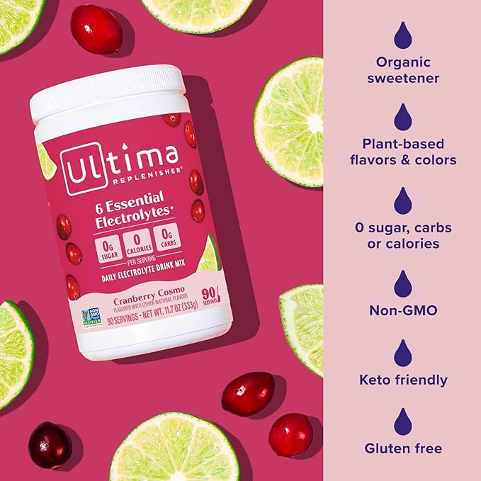 Ultima Replenisher Daily Electrolyte Powder Drink Mix – Sugar Free – Cranberry Cosmo, 90 Servings