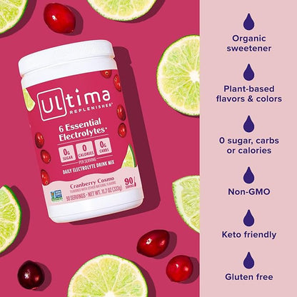 Ultima Replenisher Daily Electrolyte Powder Drink Mix – Sugar Free – Cranberry Cosmo, 90 Servings
