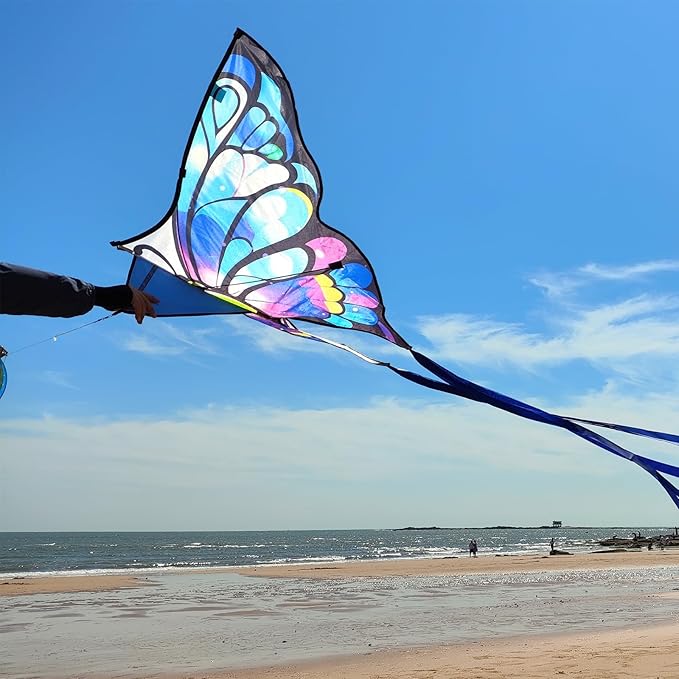 Simxkai Butterfly Kite for Kids & Adults, Easy to Fly Blue Big Kite for Beginners, Line Handle